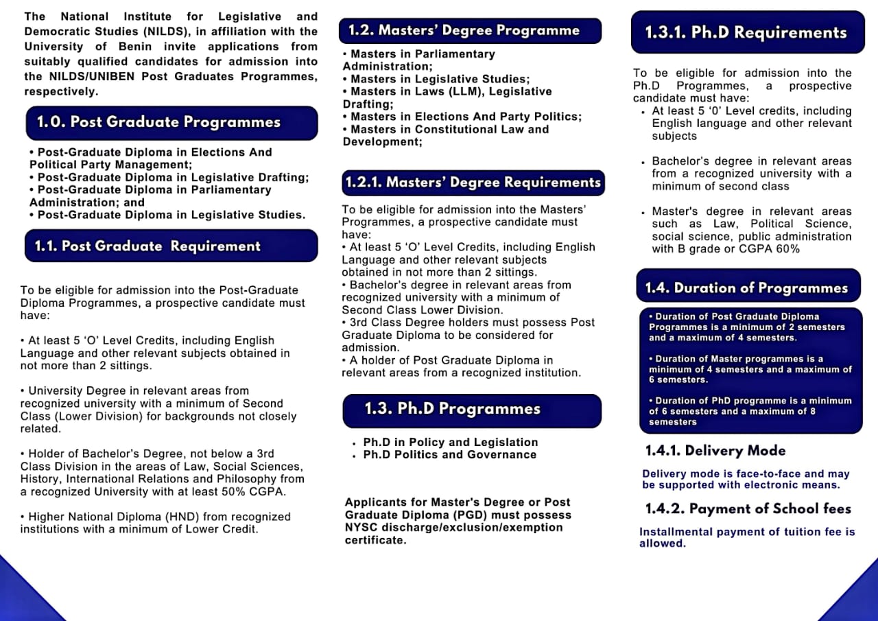 NILDS/UNIBEN postgraduate programmes 1st Semester 2022/2023 examinations time table